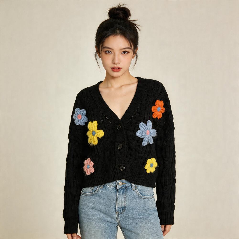 Oversized Floral Appliqué Knit Cardigan by New In – Size Large